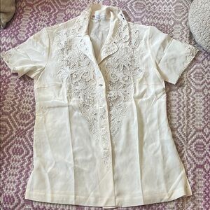 Cream silk short Sleeve Button Down Shirt with Hand Embroidery
